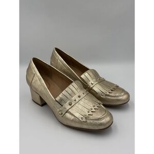 Franco Sarto Gold Metallic Leather Fringe Loafer Heels Block Heel Size 7.5